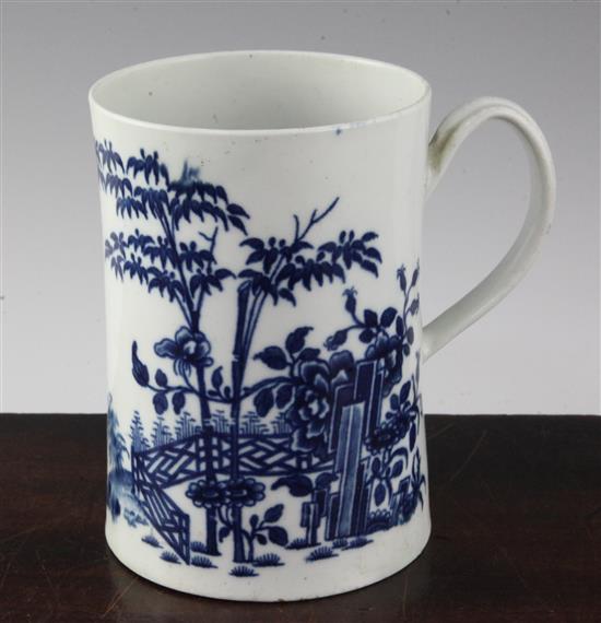 A large Worcester blue and white Fence pattern waisted cylindrical mug, c.1775, 5.75in.